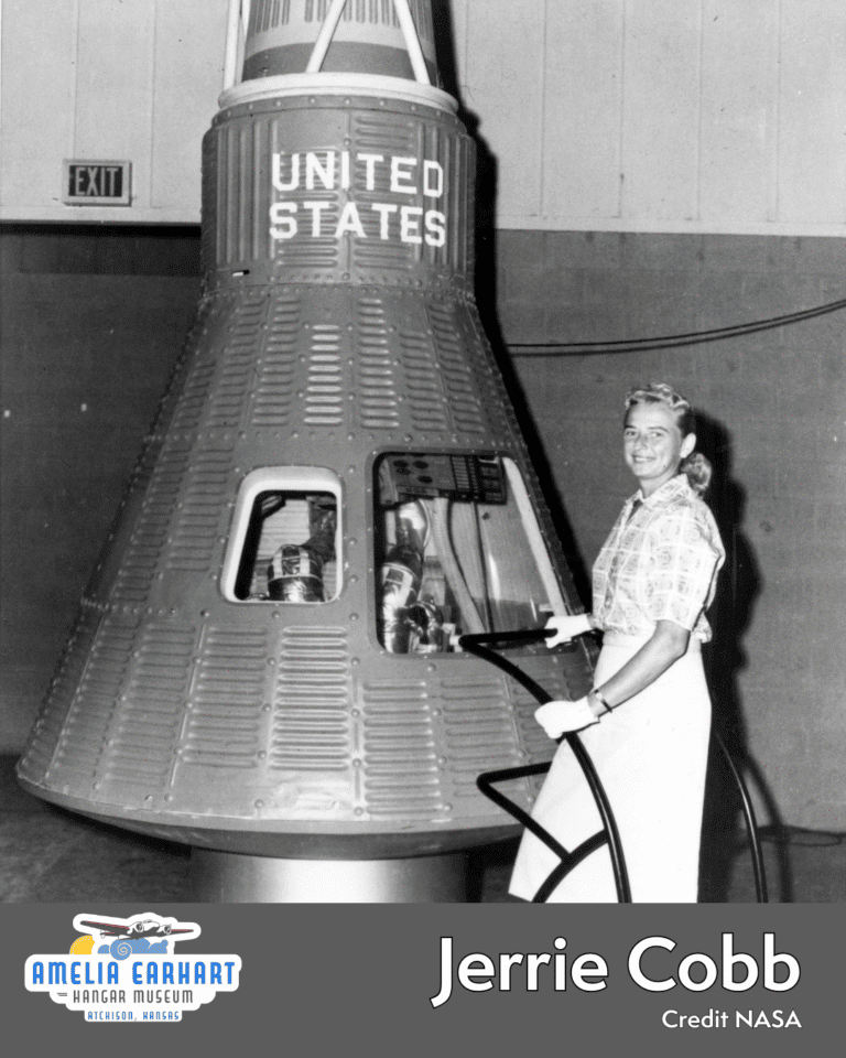 Jerrie Cobb image with NASA capsule