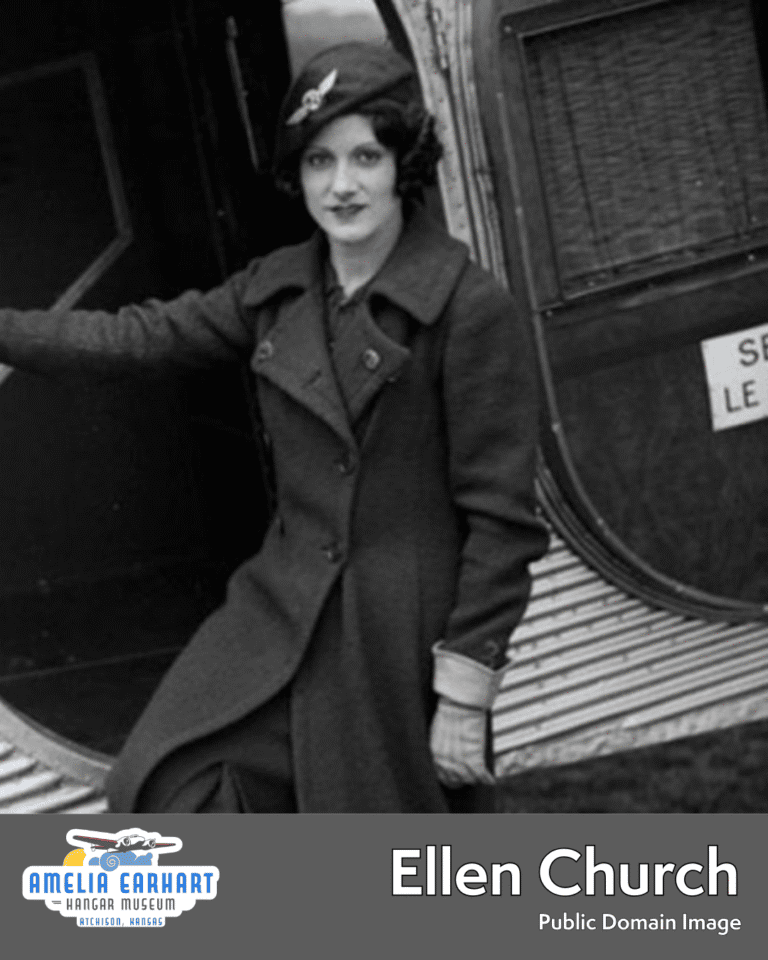 Ellen Church posing outside door of airplane