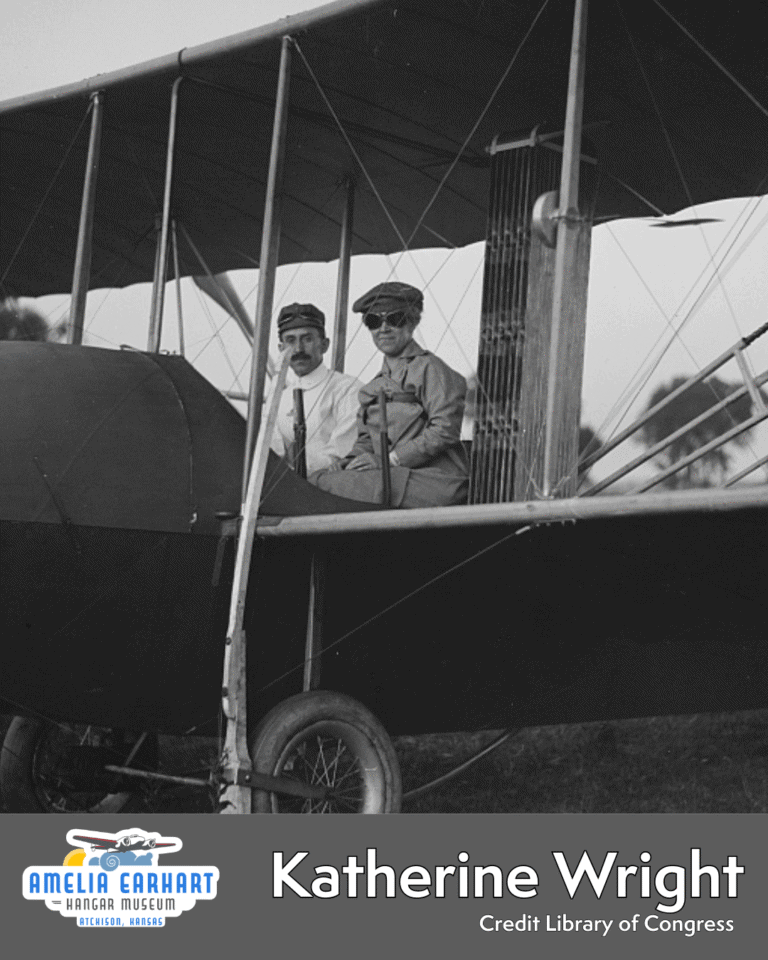 Photo of Katharine Wright in a plane with her brother Orville