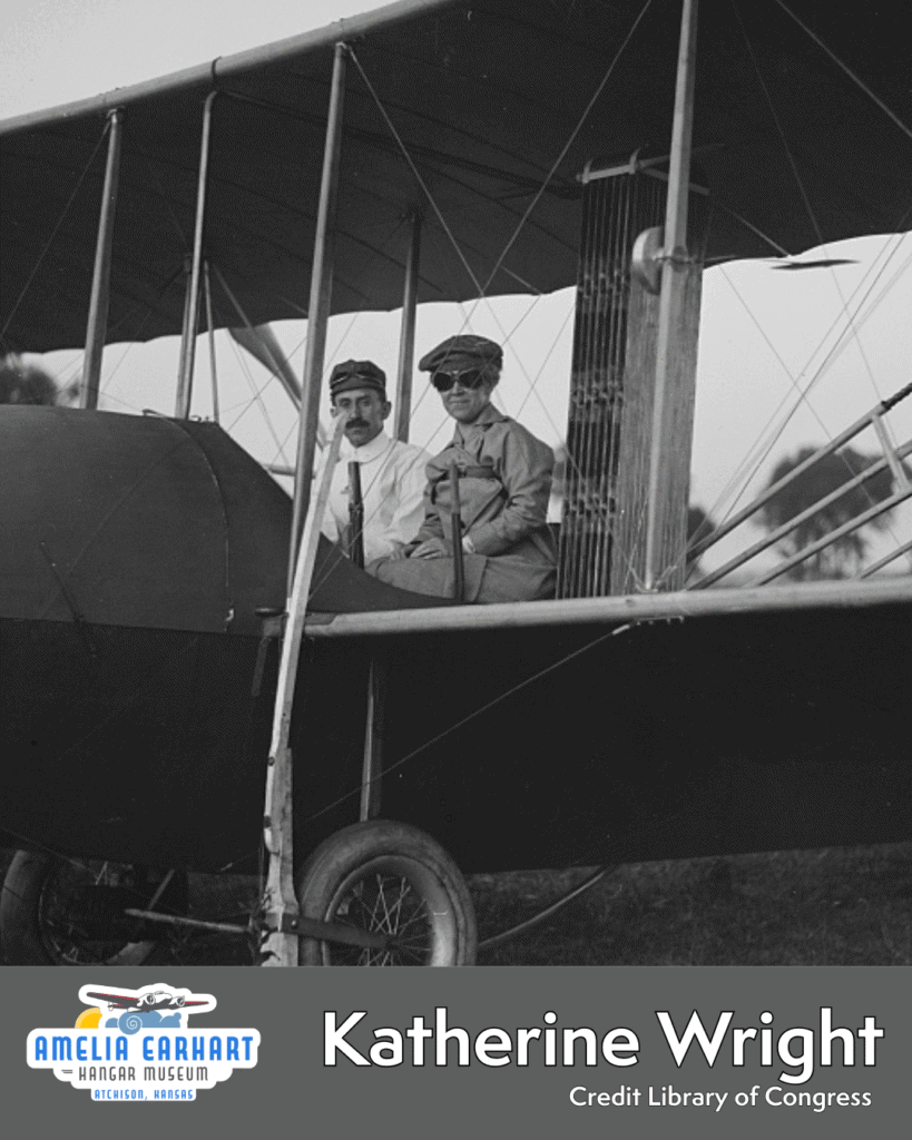 Photo of Katharine Wright in a plane with her brother Orville